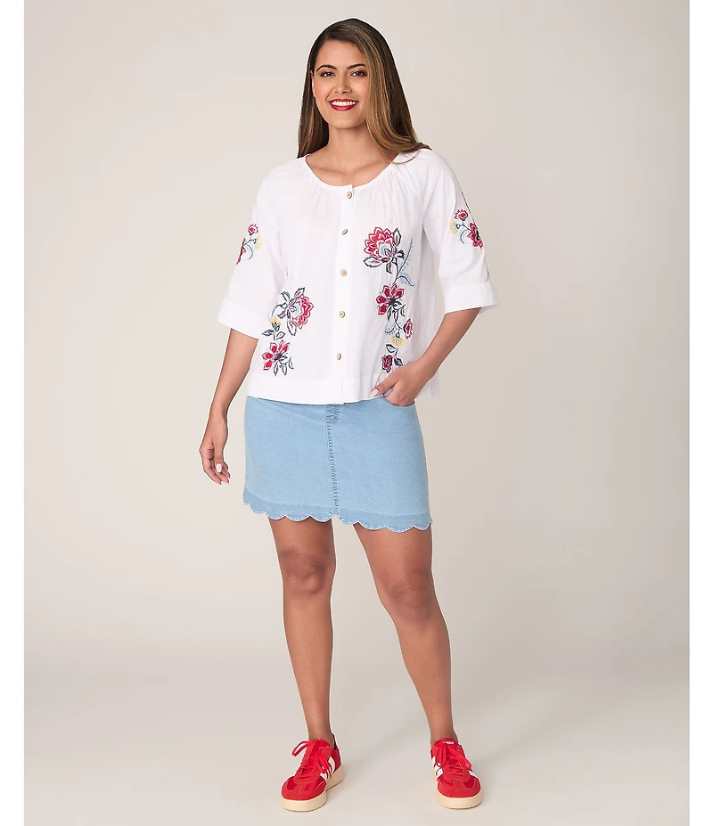 Ruby Rd. Embroidered Floral Scoop Neck 3/4 Sleeve Button-Front Blouse