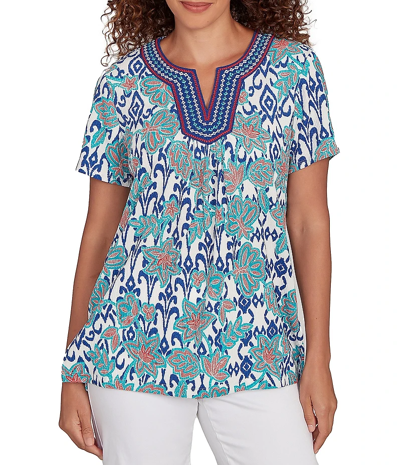 Ruby Rd. Embroidered Knit Printed Split V-Neck Short Sleeve Top