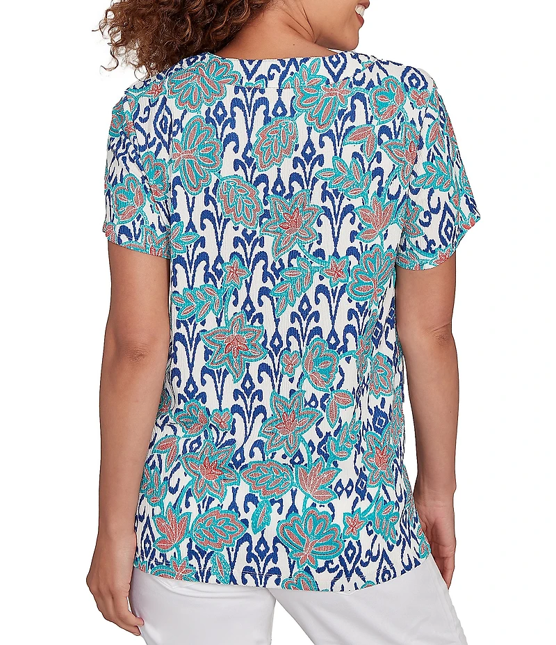 Ruby Rd. Embroidered Knit Printed Split V-Neck Short Sleeve Top