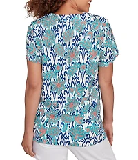 Ruby Rd. Embroidered Knit Printed Split V-Neck Short Sleeve Top