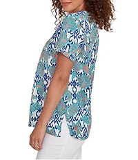 Ruby Rd. Embroidered Knit Printed Split V-Neck Short Sleeve Top