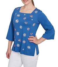 Ruby Rd. Embroidered Knit Square Neck 3/4 Sleeve Top