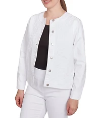 Ruby Rd. Embroidered Round Neck Long Sleeve Button-Front Denim Jacket