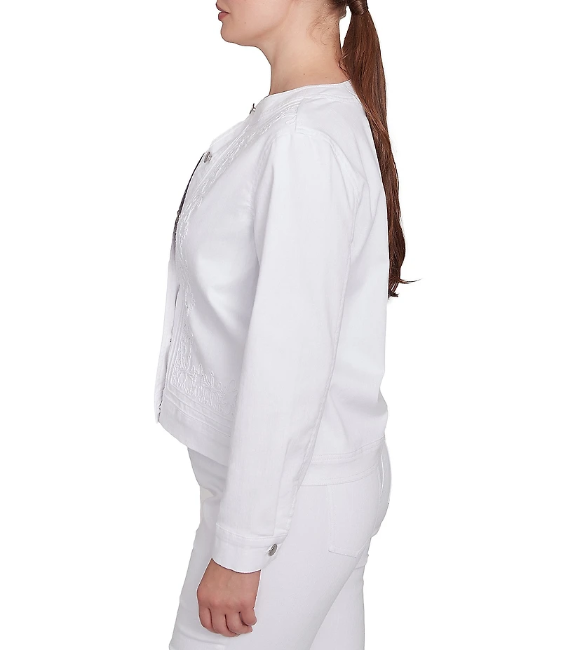 Ruby Rd. Embroidered Round Neck Long Sleeve Button-Front Denim Jacket