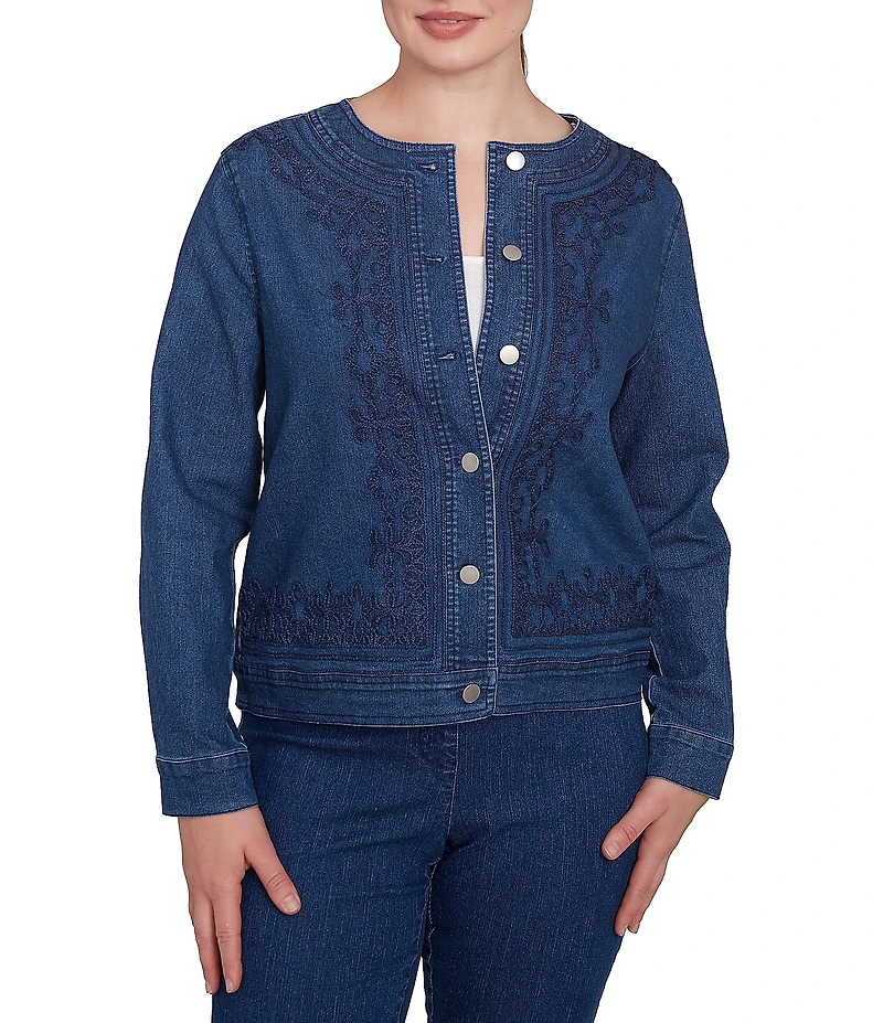 Ruby Rd. Embroidered Denim Round Neck Long Sleeve Button-Front Jacket