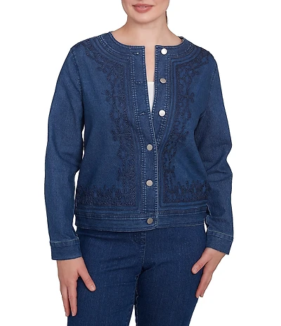 Ruby Rd. Embroidered Round Neck Long Sleeve Button-Front Jacket