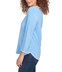 Ruby Rd. Embroidered Scoop Neck 3/4 Sleeve Soft Jersey Knit Top