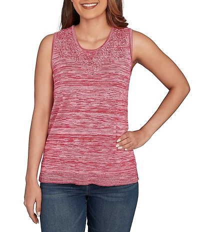 Ruby Rd. Embroidered Soft Marled Knit Scoop Neck Sleeveless Sweater Tank
