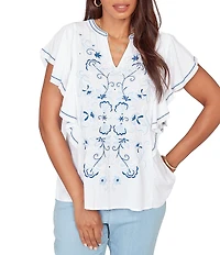 Ruby Rd. Embroidered Split V-Neck Short Flutter Sleeve Top