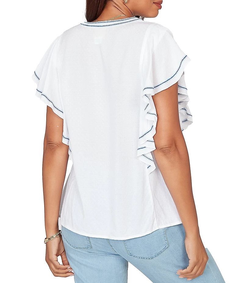 Ruby Rd. Embroidered Split V-Neck Short Flutter Sleeve Top