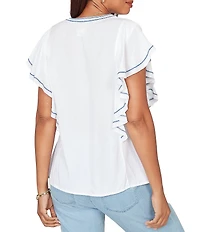 Ruby Rd. Embroidered Split V-Neck Short Flutter Sleeve Top