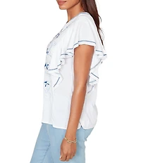 Ruby Rd. Embroidered Split V-Neck Short Flutter Sleeve Top