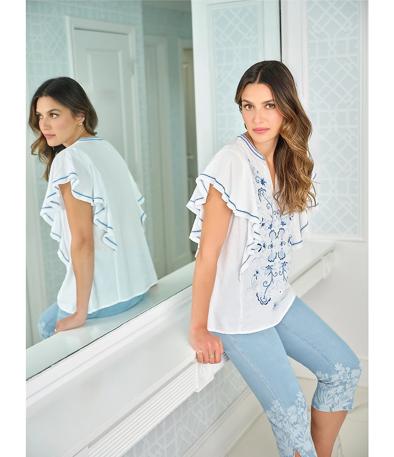 Ruby Rd. Embroidered Split V-Neck Short Flutter Sleeve Top