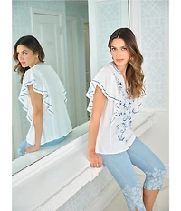 Ruby Rd. Embroidered Split V-Neck Short Flutter Sleeve Top