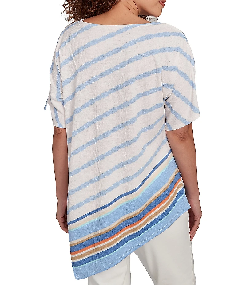 Ruby Rd. Embroidered Stripe Scoop Neck Short Sleeve Asymmetric Hem Knit Top