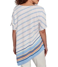 Ruby Rd. Embroidered Stripe Scoop Neck Short Sleeve Asymmetric Hem Knit Top
