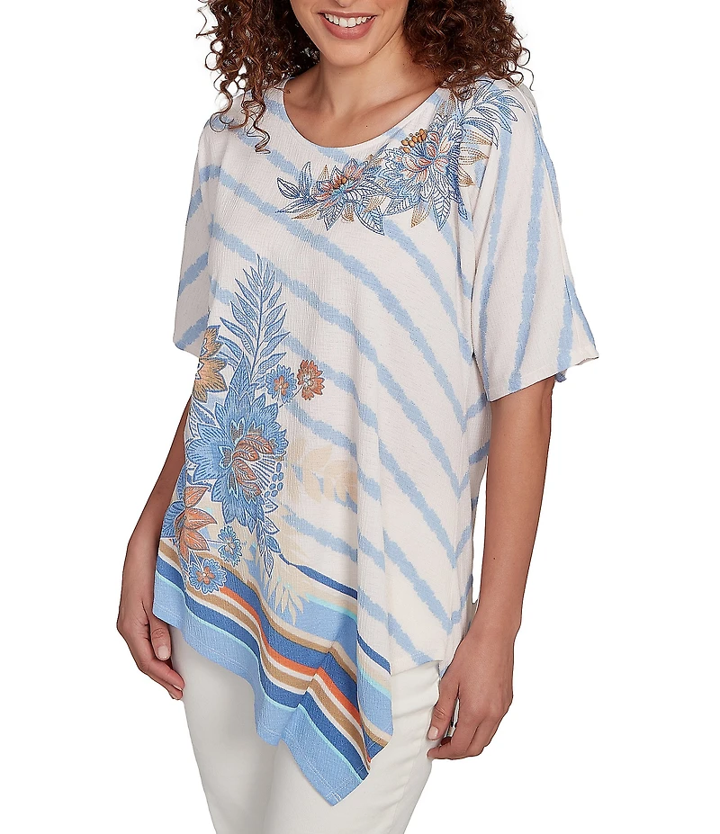 Ruby Rd. Embroidered Stripe Scoop Neck Short Sleeve Asymmetric Hem Knit Top