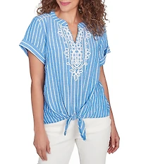 Ruby Rd. Embroidered Stripe Split V-Neck Short Sleeve Tie-Front Top
