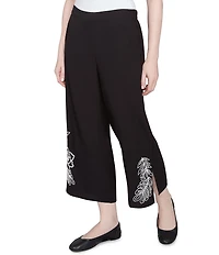 Ruby Rd. Embroidered Tropical Fern Wide Leg Pull-On Cropped Pants