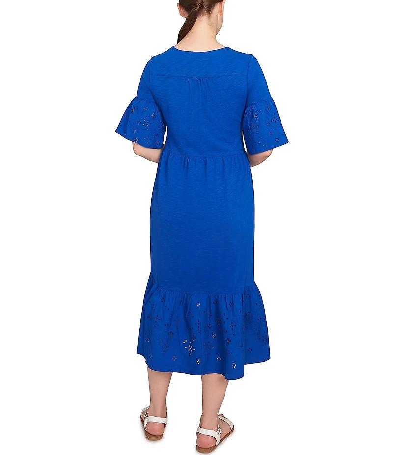 Ruby Rd. Embroidered V-Neck Elbow Sleeve Tiered Hem Midi Dress