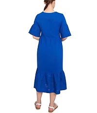 Ruby Rd. Embroidered V-Neck Elbow Sleeve Tiered Hem Midi Dress