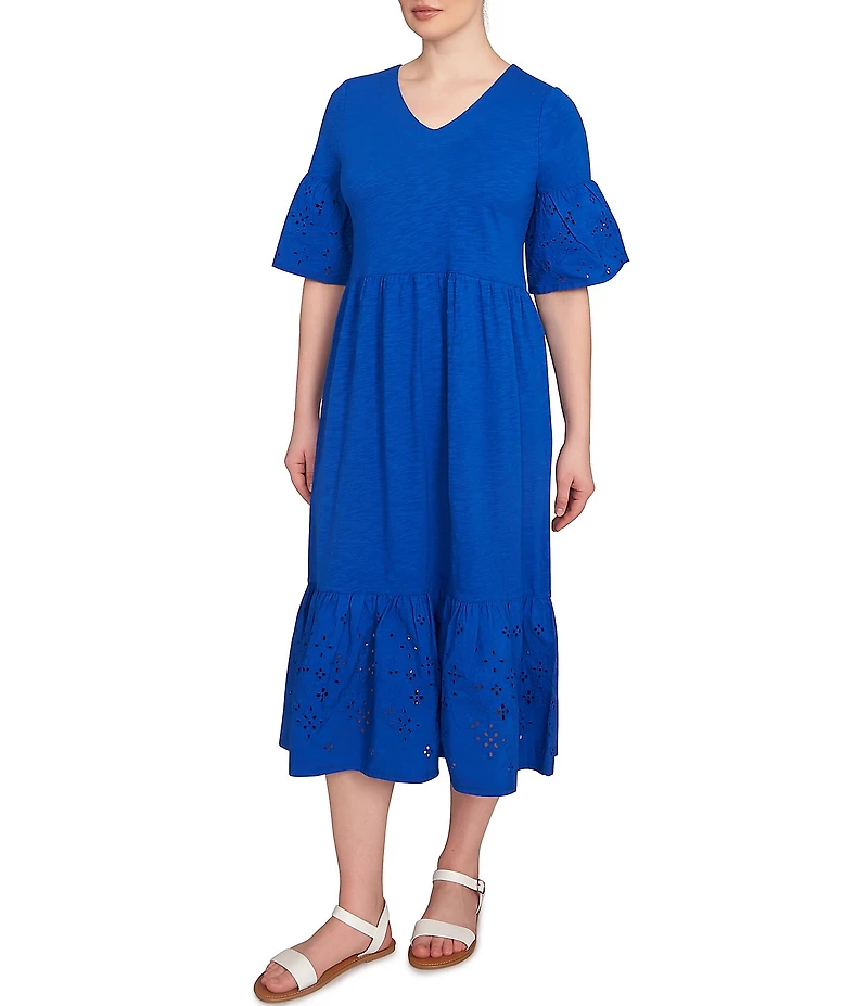 Ruby Rd. Embroidered V-Neck Elbow Sleeve Tiered Hem Midi Dress