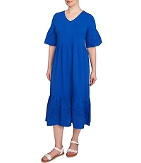 Ruby Rd. Embroidered V-Neck Elbow Sleeve Tiered Hem Midi Dress