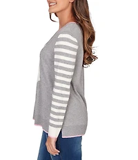 Ruby Rd. Fine-Gauge Knit V-Neck Long Stripe Sleeve Maltese Sweater