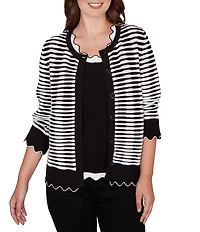 Ruby Rd. Fine Gauge Stripe Scalloped Long Sleeve Button-Front Sweater