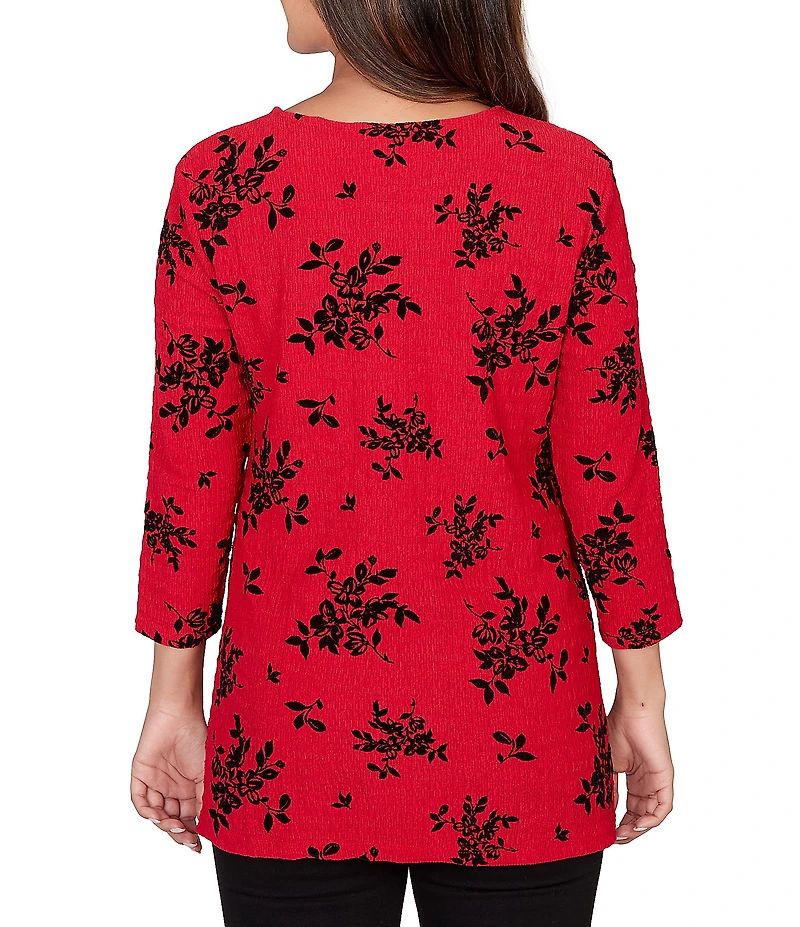 Ruby Rd. Flocking Floral Print Knit 3/4 Sleeve Lace Crossover Hem Top
