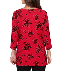 Ruby Rd. Flocking Floral Print Knit 3/4 Sleeve Lace Crossover Hem Top