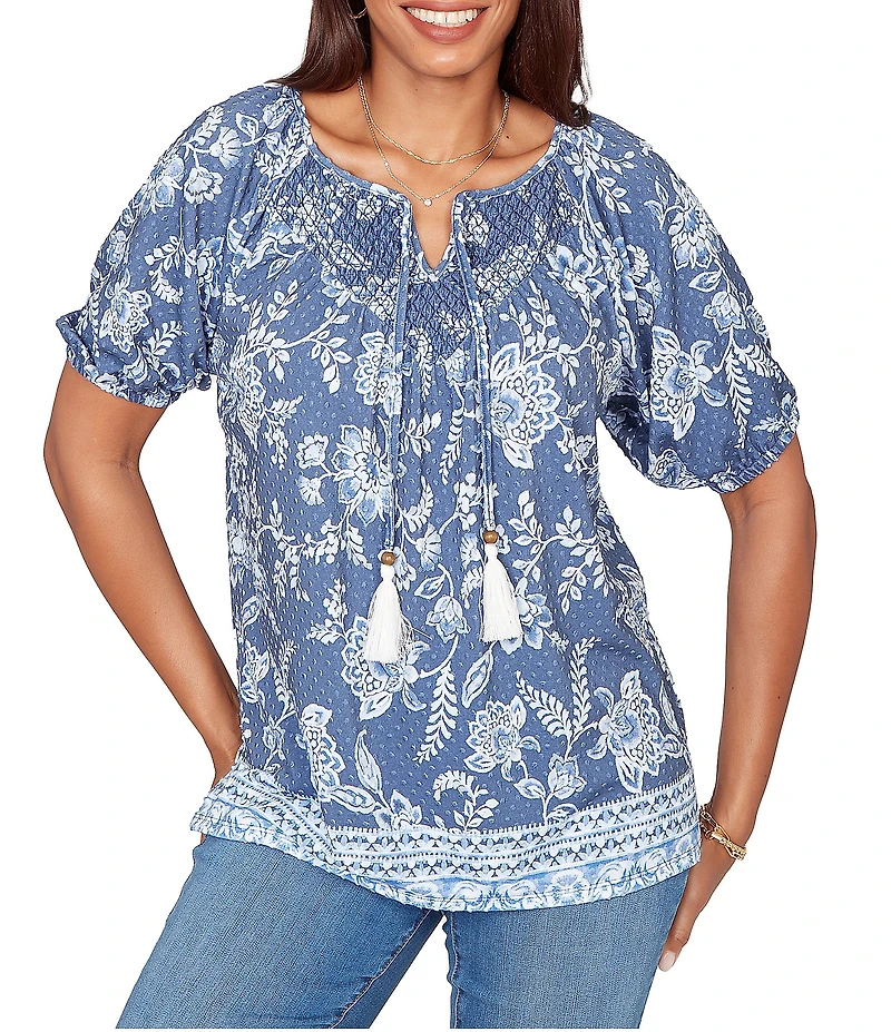 Ruby Rd. Floral Border Print Split V-Neck Short Sleeve Tassel Tie Top
