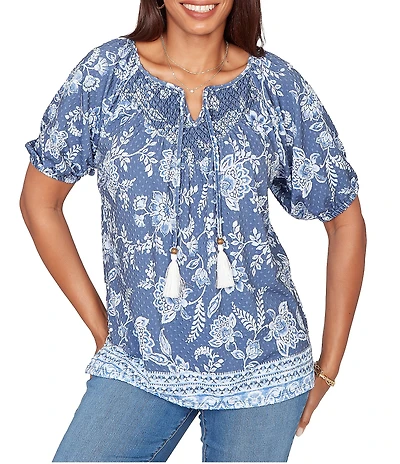 Ruby Rd. Floral Border Print Split V-Neck Short Sleeve Tassel Tie Top