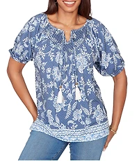 Ruby Rd. Floral Border Print Split V-Neck Short Sleeve Tassel Tie Top