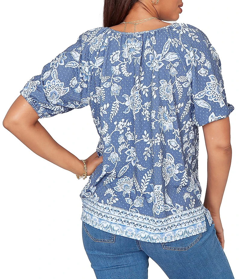 Ruby Rd. Floral Border Print Split V-Neck Short Sleeve Tassel Tie Top