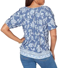 Ruby Rd. Floral Border Print Split V-Neck Short Sleeve Tassel Tie Top