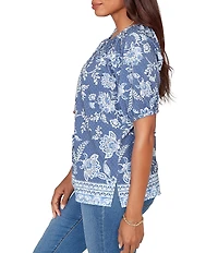 Ruby Rd. Floral Border Print Split V-Neck Short Sleeve Tassel Tie Top