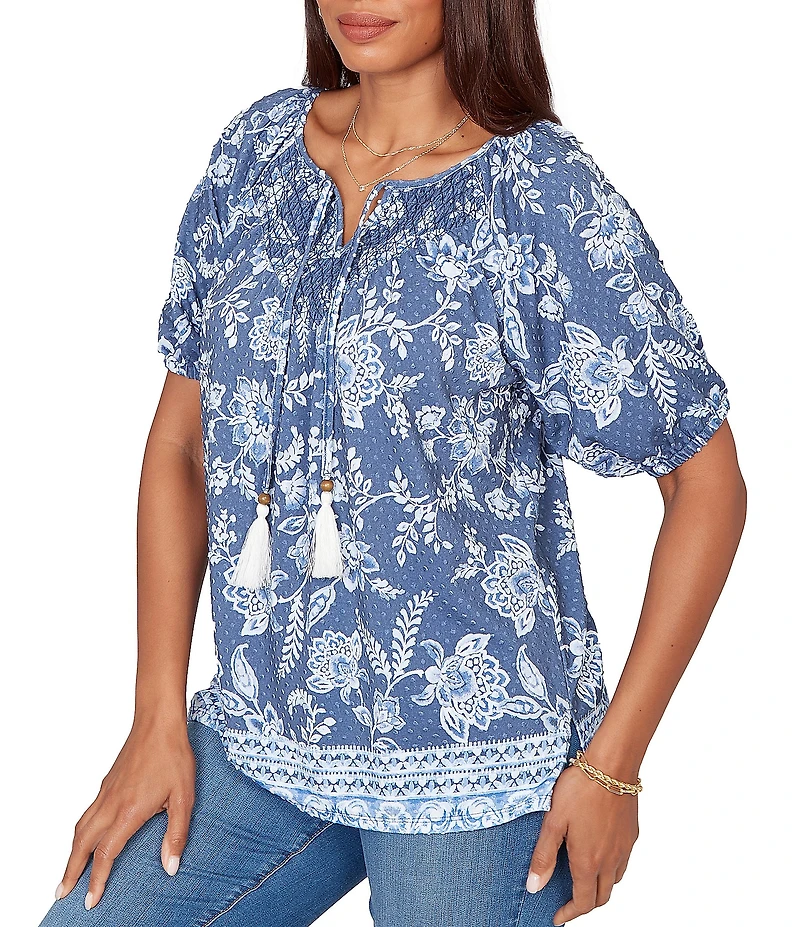 Ruby Rd. Floral Border Print Split V-Neck Short Sleeve Tassel Tie Top