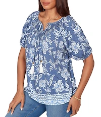 Ruby Rd. Floral Border Print Split V-Neck Short Sleeve Tassel Tie Top