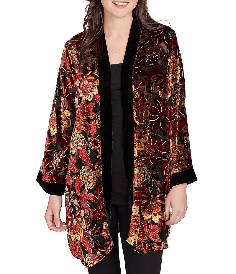 Ruby Rd. Floral Burnout Velvet Shawl Collar Bracelet Sleeve Open-Front Cardigan