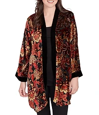 Ruby Rd. Floral Burnout Velvet Shawl Collar Bracelet Sleeve Open-Front Cardigan
