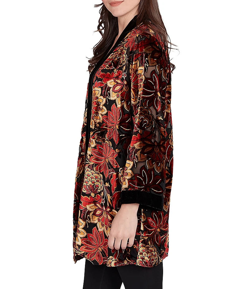 Ruby Rd. Floral Burnout Velvet Shawl Collar Bracelet Sleeve Open-Front Cardigan