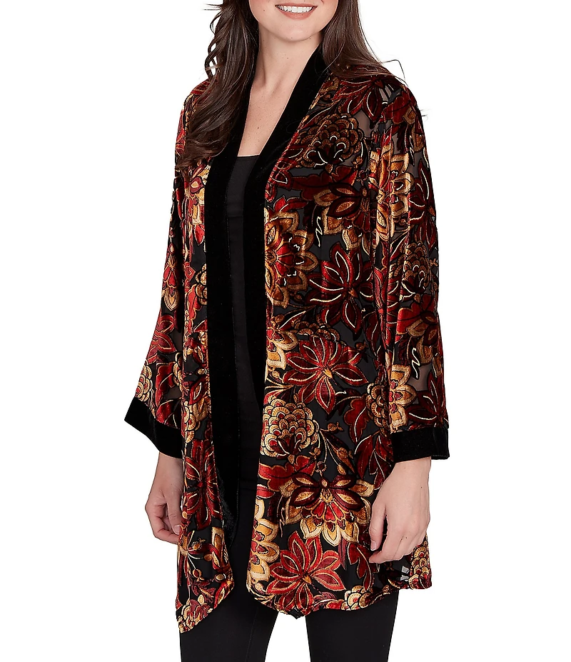 Ruby Rd. Floral Burnout Velvet Shawl Collar Bracelet Sleeve Open-Front Cardigan