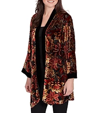 Ruby Rd. Floral Burnout Velvet Shawl Collar Bracelet Sleeve Open-Front Cardigan