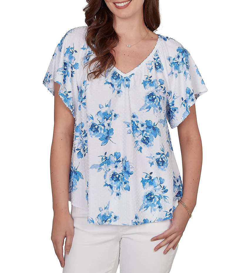 Ruby Rd. Floral Clip Dot Eyelet V-Neck Short Flutter Sleeve Top
