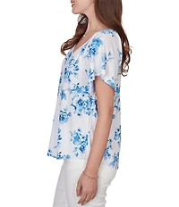 Ruby Rd. Floral Clip Dot Eyelet V-Neck Short Flutter Sleeve Top