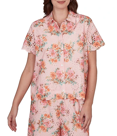 Ruby Rd. Floral Eyelet Point Collar Short Sleeve Button-Front Coordinating Camp Shirt