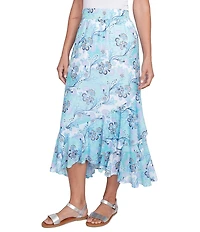 Ruby Rd. Floral Mesh Asymmetrical Ruffle Hem Pull-On Skirt