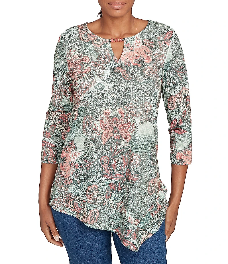 Ruby Rd. Floral Patchwork Beaded Keyhole Neck 3/4 Sleeve Asymmetric Hem Knit Top