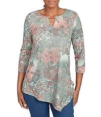 Ruby Rd. Floral Patchwork Beaded Keyhole Neck 3/4 Sleeve Asymmetric Hem Knit Top